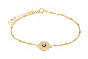 Позлатена сребърна гривна с релефна кръгла висулка, топчета и „Синьо Око“  |  Бижута