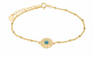 Позлатена сребърна гривна с релефна кръгла висулка, топчета и "Синьо Око",светлосиньо 1 Позлатена сребърна гривна с релефна кръгла висулка, топчета и "Синьо Око",светлосиньо - Image 1