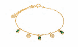 Позлатена сребърна гривна „Сърца и квадрати“ със зелени цирконии  |  Бижута