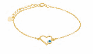 Позлатена сребърна гривна със сърце и светлоиньо око | HappyMarket.bg Позлатена сребърна гривна със сърце и светлоиньо око | Бижута