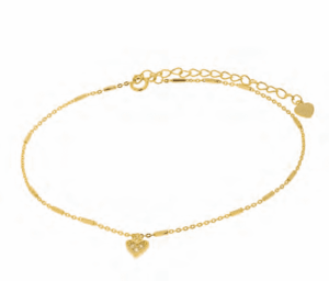 Позлатена сребърна гривна за крак “Сърце Мънисто” с цирконии - Image 1