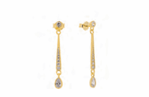 Позлатени сребърни висящи обеци с винт "Капка" и цирконии - Image 1