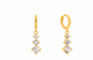 Позлатени висящи сребърни обеци тип халка с три циркония ромб  |  Бижута