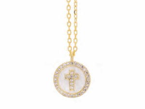 Сребърно колие „Кръст“ с цирконий върху бяла основа  |  Бижута