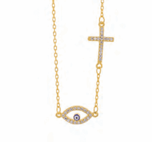 Позлатено сребърно колие „Окото на Назар и Кръст“ с цирконии  |  Бижута