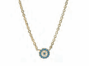Позлатено сребърно колие с кръгла висулка „Синьо око“ от светлосини и бели цирконии  |  Бижута