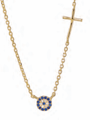 Позлатено сребърно колие с кръгла висулка "Синьо око" от тъмносини и бели цирконии и кръст - Image 1