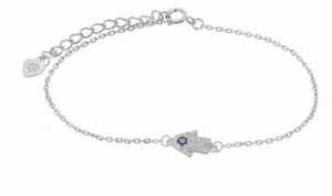 Сребърна гривна с циркони – „Ръката на Фатима и Синьо око“  |  Бижута