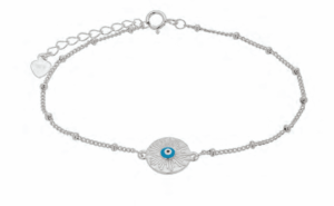 Сребърна гривна с релефна кръгла висулка, топчета и „Синьо Око“, светлосиньо  |  Бижута