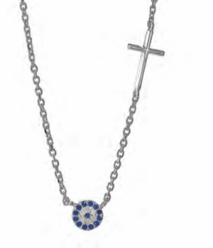 Сребърно колие с кръгла висулка „Синьо око“ от тъмносини и бели цирконии и кръст  |  Бижута