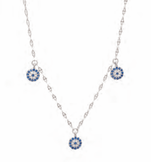 Сребърно колие с три кръгли висулки „Синьо око“ от сини и бели цирконии  |  Бижута