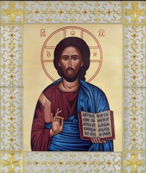 Сребърна цветна икона Исус Христос с обков от сребро и с позлатени кръстове в стъклена рамка, 49x59см - Image 1