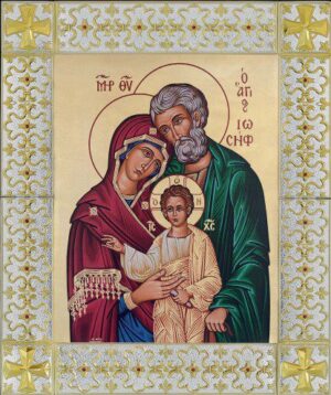 Сребърна цветна икона Светото Семейство с обков от сребро и с позлатени кръстове в стъклена рамка, 49x59см - Image 1