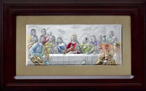 Сребърна цветна икона на Тайната Вечеря с дървена рамка и стъкло, 29.5x49.5см - Image 1
