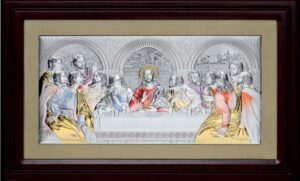 Сребърна цветна икона на Тайната Вечеря с дървена рамка и стъкло, 77.5x47см - Image 1