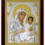 Сребърна цветна икона на Йерусалимска Богородица с дървена рамка и стъкло, 42х50см  |  Икони