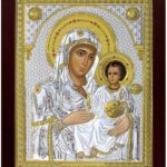 Сребърна цветна икона на Йерусалимска Богородица с дървена рамка и стъкло, 42х50см  |  Икони