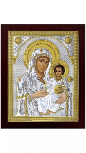 Сребърна икона на Йерусалимска Богородица с дървена рамка и стъкло, 42х50см  |  Икони