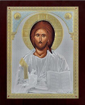 Сребърна икона на Исус Христос с дървена рамка и стъкло, 39×48см  |  Икони