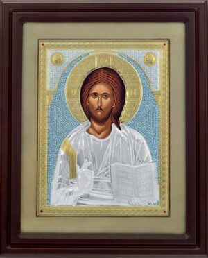 Сребърна икона на Исус Христос с дървена рамка и стъкло, 47×56см  |  Икони