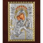 Сребърна икона на Св. Богородица Достойно Есть с дървена рамка и стъкло, 34×40см  |  Икони