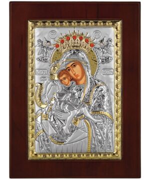 Сребърна икона на Св. Богородица Достойно Есть с дървена рамка и стъкло, 34×40см  |  Икони