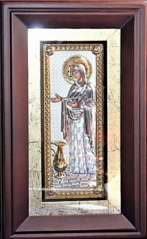 Сребърна икона на Св. Богородица Геронтиса с с дървена рамка и стъкло, 34×40см  |  Икони