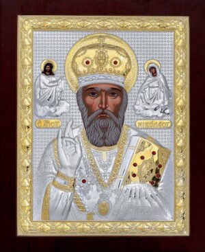 Сребърна икона на Св. Николай с дървена рамка и стъкло, 30×37см  |  Икони