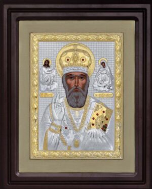 Сребърна икона на Св. Николай с дървена рамка и стъкло, 42х50см  |  Икони