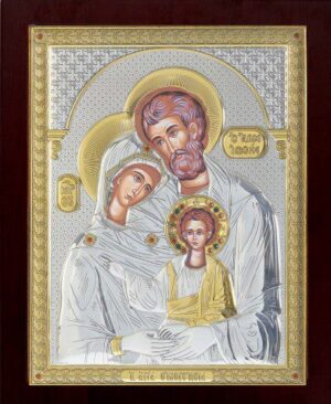 Сребърна  икона на Светото Семейство с дървена рамка и стъкло, 30x37см - Image 1