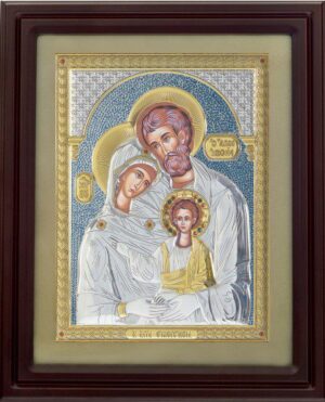 Сребърна икона на Светото Семейство с дървена рамка и стъкло, 42х50 см - Image 1