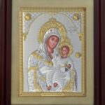 Сребърна икона на Йерусалимска Богородица с дървена рамка и стъкло, 30×37см  |  Икони