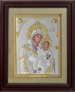 Сребърна икона на Витлеемска Богородица с дървена рамка и стъкло, 42х50см  |  Икони