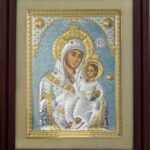Сребърна икона на Витлеемска Богородица с дървена рамка и стъкло, 51х61см  |  Икони