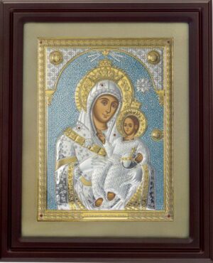 Сребърна икона на Витлеемска Богородица с дървена рамка и стъкло, 42х50см  |  Икони