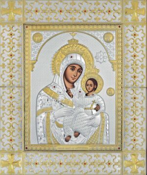 Сребърна икона с дървен гръб и с обков сребърна рамка с позлатени кръстове Витлеемска Богородица, 49×59см  |  Икони