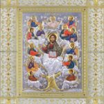 Сребърна икона Света Богородица Йерусалимска с обков от сребро и с позлатени кръстове в стъклена рамка, 49×59см  |  Икони