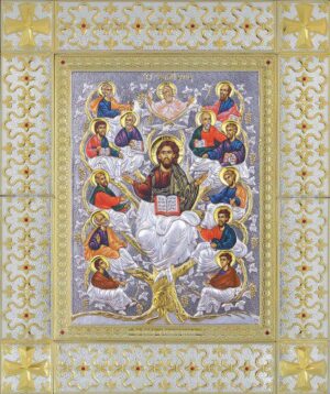 Сребърна икона Дървото на живота с обков от сребро и с позлатени кръстове в стъклена рамка, 49×59см  |  Икони