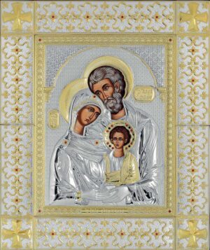 Сребърна икона Светото Семейство с обков от сребро и с позлатени кръстове в стъклена рамка, 49x59см - Image 1