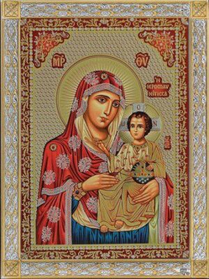 Сребърна икона с цял обков от сребро и позлата Св. Богородица Йерусалимска, 4.5х6см - Image 1