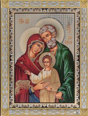 Сребърна икона с цял обков от сребро и позлата Светото Семейство, 4.5×6см  |  Икони