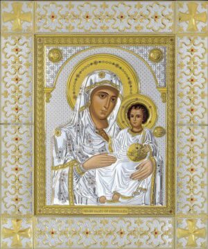 Сребърна икона с дървен гръб и с обков сребърна рамка с позлатени кръстове Йерусалимска Богородица, 49x59см - Image 1