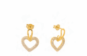 Висящи позлатени сребърни обеци с винт "Сърца" с цирконий - Image 1