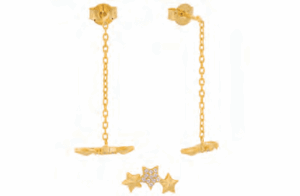 Висящи сребърни позлатени обеци с винт и цирконии "Три звезди" - Image 1