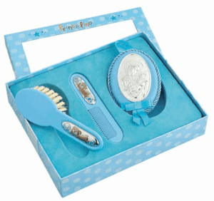 Комплект четка за коса и гребен с мече в син цвят и икона със сребърно покритие в бяло за бебе момче  |  Без категория