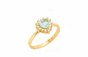 Позлатен сребърен пръстен със синкав цирконий „Сърце“ и рамка от малки бели цирконии  |  Бижута