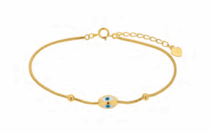 Позлатена сребърна гривна с 3д висулка „Синьо око“ светлосиньо и бяло  |  Бижута