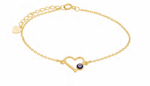 Позлатена сребърна гривна със сърце и тъмносиньо око - Image 1