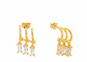 Позлатени висящи сребърни обеци с винт и три правоъгълни циркония - Image 1