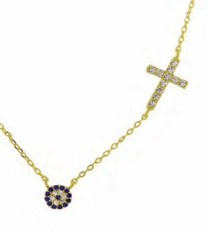 Позлатено сребърно колие с кръгла висулка "Синьо око" от тъмносини и бели цирконии и кръст с цирконии - Image 1